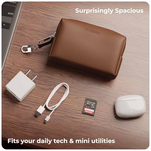 Image of eo Travel Organizer Pouch | Toiletry Pouch for Men & Women | Mini Cable Organiser Bag for Travel, Tech, Charger & Laptop Cable Pouches with Carabiner, Super Smooth Zipper (Brown)
