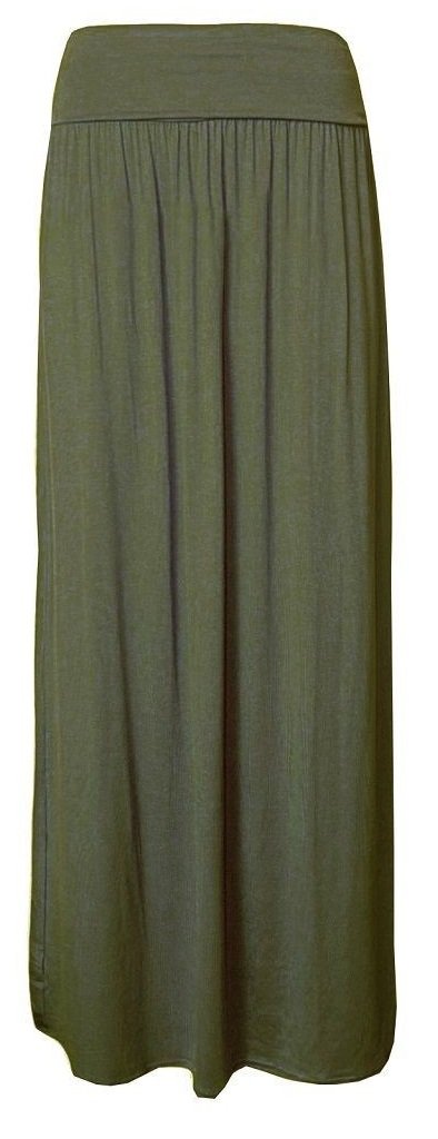 Fairy Boutique Women's Khaki Comfy Fold Over Elastic Waist Maxi Skirt Stylish Fold Over Flared Long Maxi Skirt