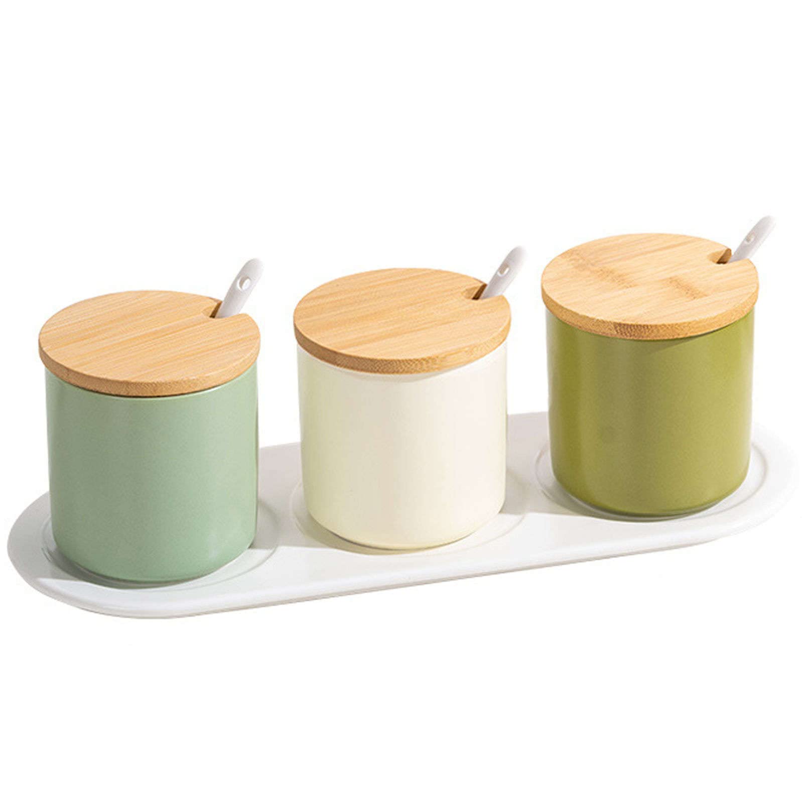 Vorratsdosen aus Glas， Gewürzbehälter mit Löffel und Holzdeckel， einfaches Gewürzdosen-Set als Unterlage， Gewürz-Organizer aus Porzellan， Küche & Esszimmer，3color II