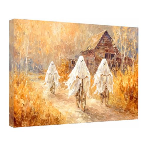 Poster Mural Halloween de Fantômes à Vélo pour Décorer Votre Salon Moderne