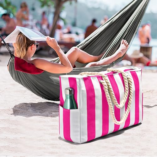Image of Becokan Women's Pool Swim Bag - Waterproof Sandproof Large Stripe Beach Tote with Zipper