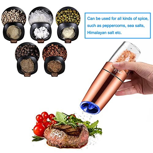 Gravity Salt And Pepper Grinder Set, Ceramic Rotor, Stainless Steel,Blue Led Light,Battery Powered, Adjustable Coarseness, Support One Hand Use, Ideal Partner For Kitchens, Copper, By Rongyuxuan #TOP2