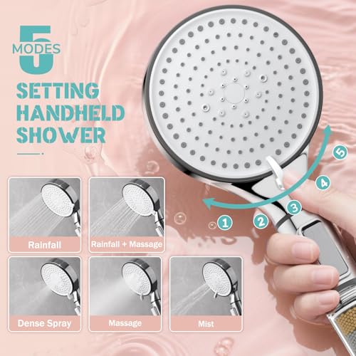 Cabezal de Ducha Filtrado con Mano, HURRAN 5 Modos de Rociado, Alta Presión, con Filtro, Cabezal Desmontable con Interruptor ON/OFF, Reemplazo de Bolas de Filtro (Solo Cabezal) miniatura 3