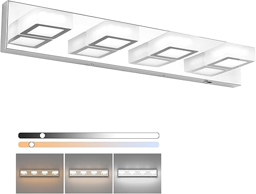 Ralbay - Luces LED modernas para tocador de baño, 5 temperaturas de color, 4 luces atenuables, accesorios de iluminación LED modernos cromados de