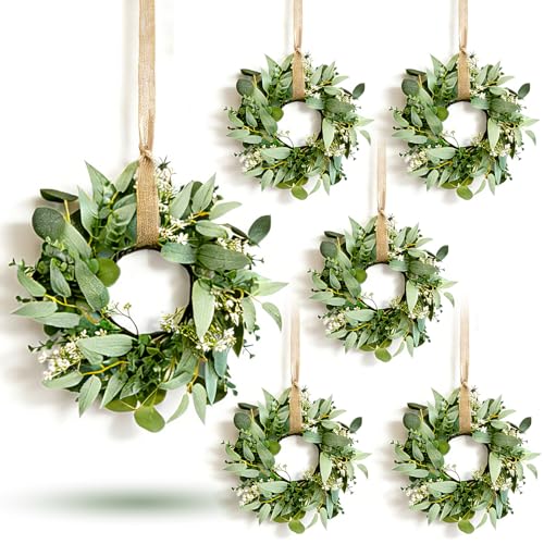6 Pcs Mini Eucalyptus Wreaths for Cabinets with Greenery Artificial Leaves Spring Summer Small Candle Rings Wreaths for Home Kitchen Front Door Window Farmhouse Porch Wall Hanging Decor