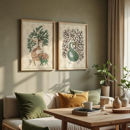 Image of Livin'luxe Set of 2 Nature & Peacock Wall Paintings | Premium MDF Framed Wall Art for Living Room Bedroom Hallway | HD UV Printed Wooden Color Frame Home Decor 13.5 Inch x 19.5 Inch