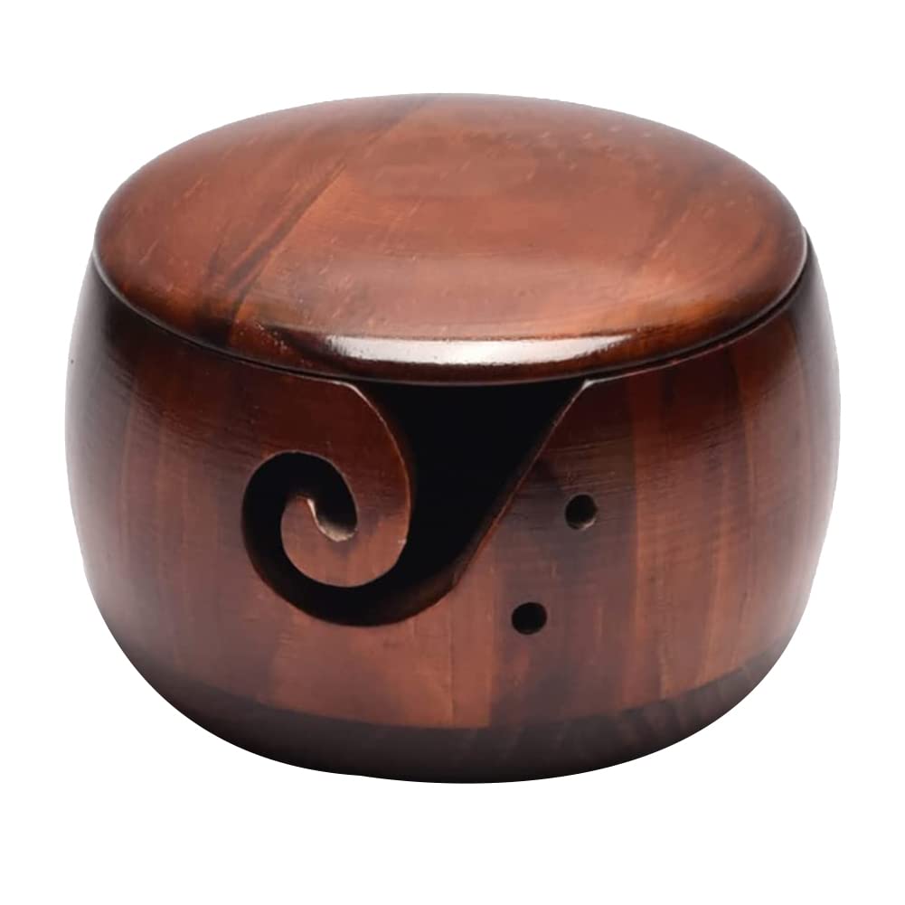 Dedjgoo Dark Wooden Yarn Bowl,Yarn Bowls With Lid For Knitting Crochet Yarn Ball Holder Handmade Yarn Storage Bowl, Wood