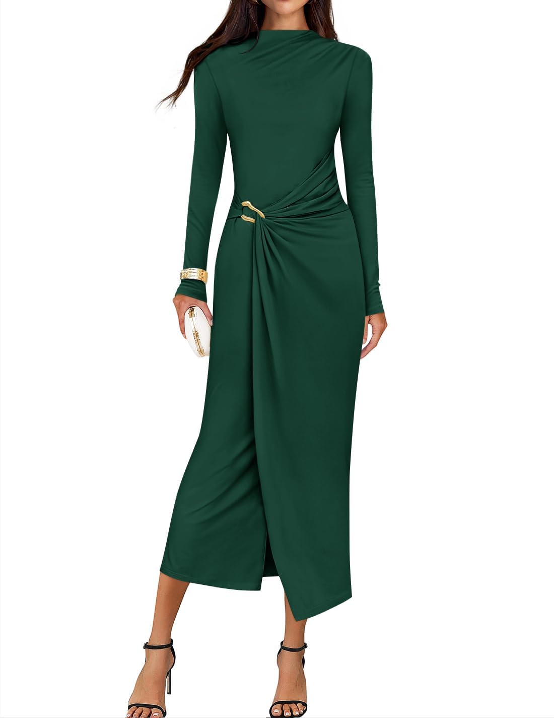 ZESICA Women's 2025 Fall Long Sleeve Bodycon Dress Mock Neck Party Cocktail Wedding Guest Long Midi Dresses, Green, XL
