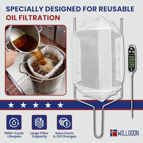 Image of Upgraded Fryer Filter Bag & Frame Set, Reusable Oil Strainer Compatible with 40L /60L Deep Fryers, Fine Mesh to Capture Crumbs, Durable for Home & Commercial Use, with 1 Professional Food Thermometer