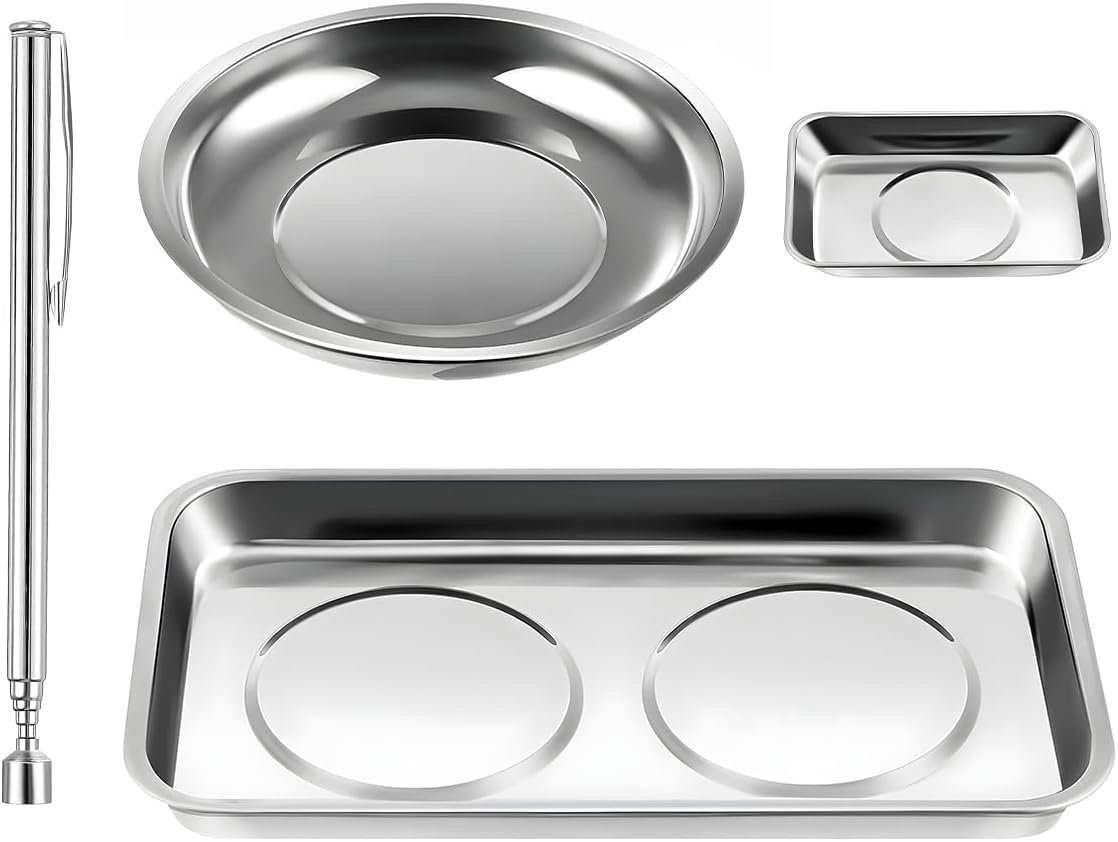 4PCS Magnetic Tray Set with Magnet Stick, Round Rectangular Tray Metal Parts Holder w/Telescoping Pickup Tool, Automotive Stainless Steel Thickened Trays for Screws, Nuts, Bolts
