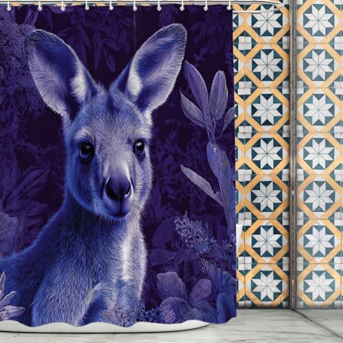 BaoNews Duschvorhang mit niedlichem Känguru-Dekor, Känguru in lila Pflanzen, Polyester, Duschvorhang für Duschkabine, Badezimmer, wasserdicht, mit 10 Haken, 152,4 x 183,9 cm