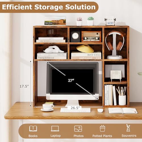 Image of Tangkula Desktop Bookshelf, 37 inch Countertop Storage Hutch with 7 Cubes & 3 Adjustable Shelves, 3-Tier Desk Display Rack Organizer, Multipurpose Wood Desktop Hutch for Dorm Home Office (Rustic Brown)