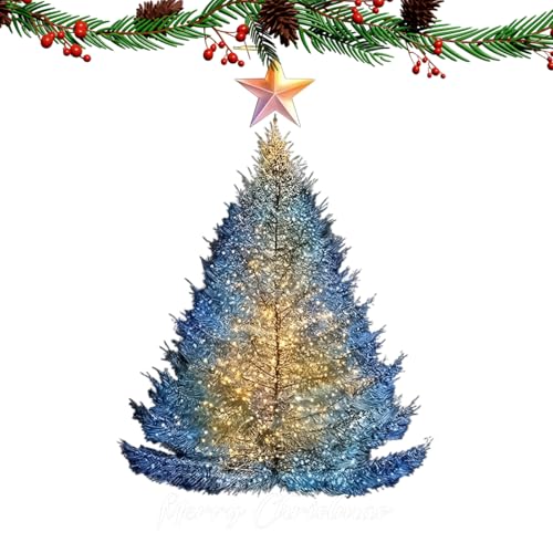 Christmas Window Decals, Static Tree Holiday Sticker, Medium Blue Gold Cling Sheet, Vinyl Decorative Decal Easy Peel, Seasonal Home Decor with Reusable Design, Glass Wall Mirror Use for Winter Party