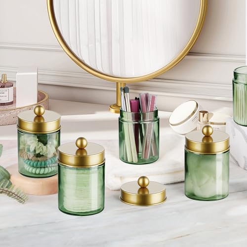 Amolliar-Green-Glass-Apothecary-Jar-Qtip-Holder-Bathroom-Decor-Gold-1Pack-Bathroom-Canister-With-Metal-Lid-Q-tip-Dispenser-Holder-for-Cotton-Balls-Cotton-Swabs-Floss-Picks-Vanity-Makeup-Organizer