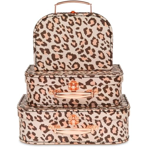 Jewelkeeper Paperboard Suitcases, Set of 3 Vintage Decorative Storage Box, Luggage Decor Storage, Vintage Decor for Birthday, Weddings, Christmas Decoration, Leopard Print Design