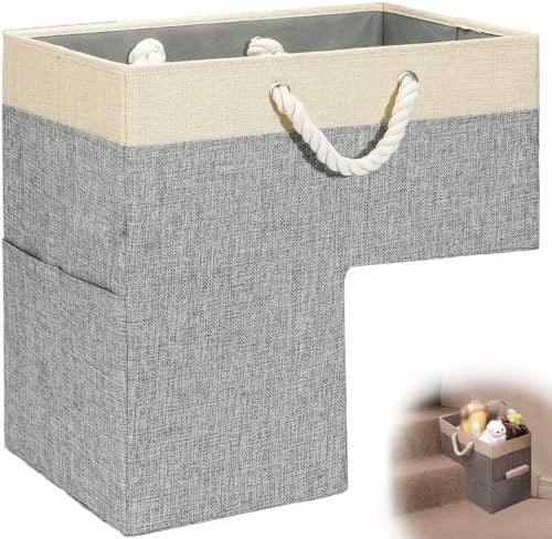 mumisuto Stair Basket, Foldable Staircase Basket with Thick Cotton Rope Handles, L-Shape Stair Step Organiser Foldable Staircase Storage Cotton Linen Stair Tidy Bag for Carpeted and Wooden Stairs