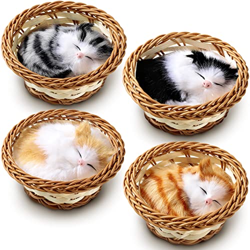 4 Pcs Sleeping Cat in Basket Doll Toy Lovely Mini Kitten in Woven Basket Realistic Fake Cat Fluffy Hand Toy Gift Plush Cat Toy Stuffed Toy Decorations with Meows Sounds for Office Desk Boys Girls