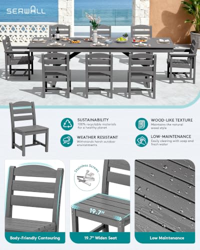 Image of SERWALL 9 Piece 84 inch HDPE Outdoor Dining Set with 6 Armless Chairs, 2 Armchairs and Umbrella Hole for 8, Gray