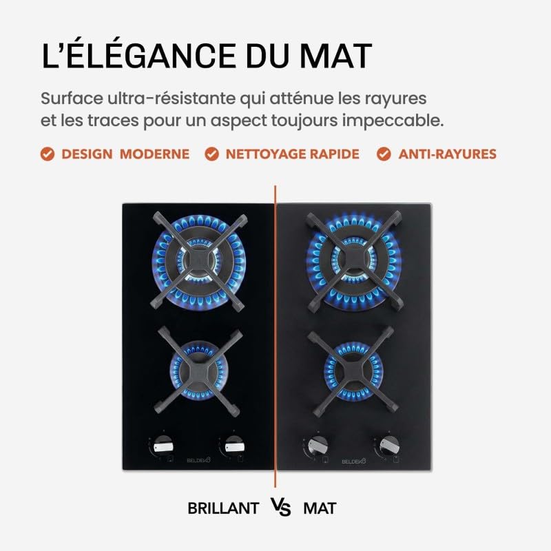 BELDEKO Plaque Gaz 4 Feux 8000W Noir Mat Grilles Fonte - Marque Française