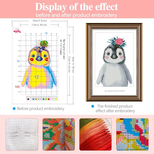 Image of Zhenqing Stamped Cross Stitch Kit for Beginners - Penguin Animal Design, 11 Count 9.8 inchx13.8 inch Pre-Printed Embroidery Kit with Instructions, DIY Home Decor & Gift Ideas(67542)
