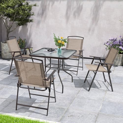 Crestlive Products 5 Piece Patio Dining Set with 4 Folding Chairs and Table Outdoor Dining Furniture with Square Glass Tabletop, Umbrella Hole for Bistro, Garden, Backyard, Deck (Beige)