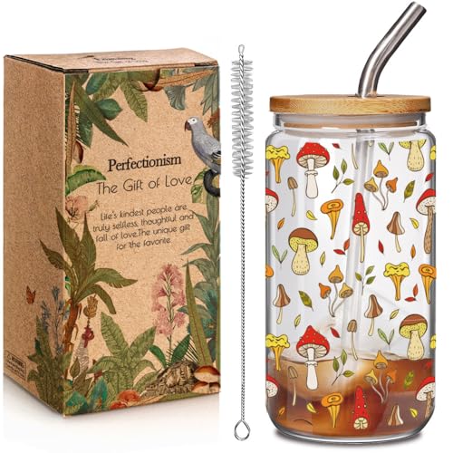 Enanaimg Mushroom Cup Mushroom Iced Coffee Glass Cups with Bamboo Lids and Straw, Mushrooms Gifts for Women, Perfect Birthday Mother's Day Gifts for for Mushrooms Lovers Women Mom Best friend Wife