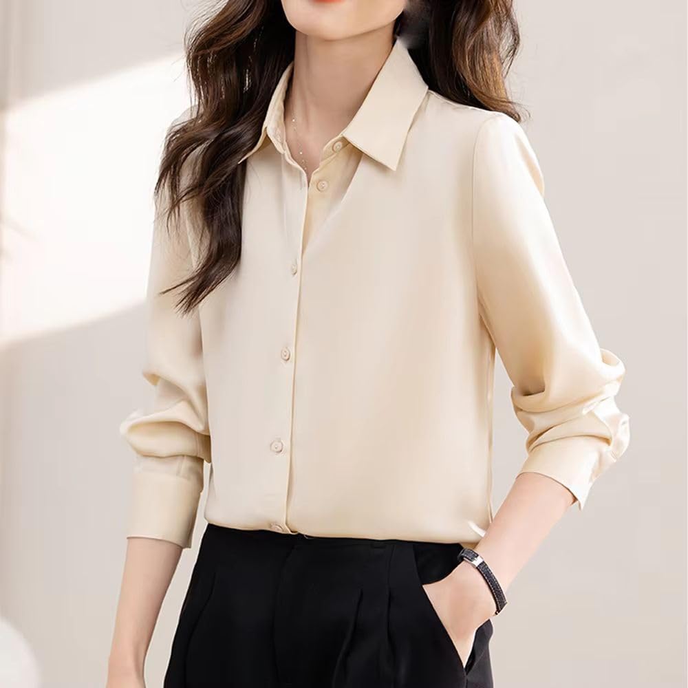 Camisa elegante de satén liso para mujer, de manga larga, vintage, para oficina, trabajo, blusa blanca, ropa formal