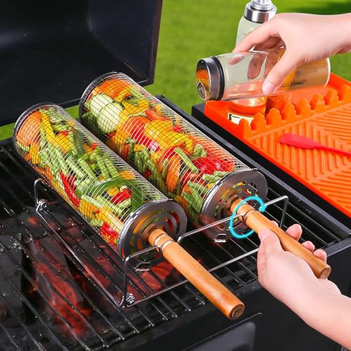 Grillkorb Edelstahl 2 Stück,Rollender Grillkorb Zylindrisch mit Abnehmbarem Holzgriff,BBQ Grillzubehör für Außengrill Camping - Gemüse Fisch Fleisch Meeresfrüchte,Grillnetzrohr Geschenke für Männer