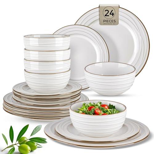 Image of GBHOME Ceramic Dinnerware Sets, 24 pcs Embossed Elegant Stoneware Plates and Bowls Sets, Housewarming Wedding Gift | Dishwasher & Microwave Safe | Dishes Set Service for 8