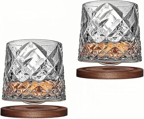 Goo!Hoo 2 PCS Crystal Whiskey glasses Rotatable -10 Oz old fashioned whiskey glasses bar whiskey glasses style glassware for bourbon