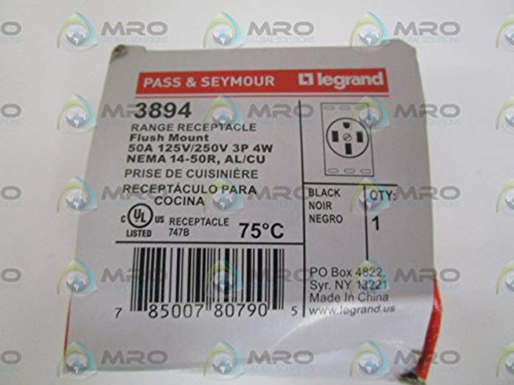Pass & Seymour 3894 Straight Blade Power Outlet Receptacle 50 Amp 125/250 Volt AC NEMA 14-50 Black