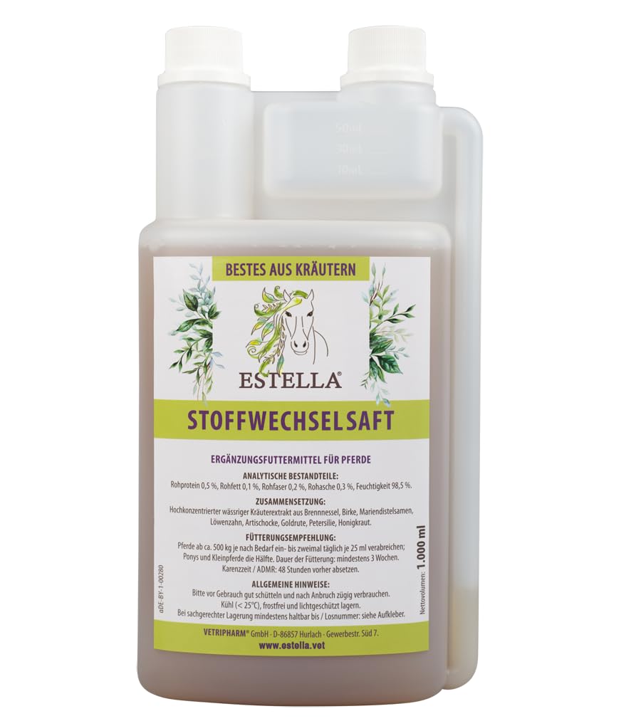 ESTELLA Stoffwechselsaft (1Liter) I Stoffwechsel Pferd, hoch konzentrierter Kräuterextrakt, Kräutersaft mit Brennnessel, unterstützt die Niere und Leber des Pferdes