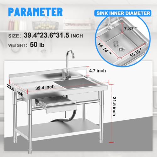 Image of Stainless Steel Utility Sink, Free-Standing Commercial Sink with Workbench, Drawer Storage & Hot /Cold Water Pipes for Kitchen Laundry, Farmhouse & Outdoor 39.5 x 23.6 x 31.4 in
