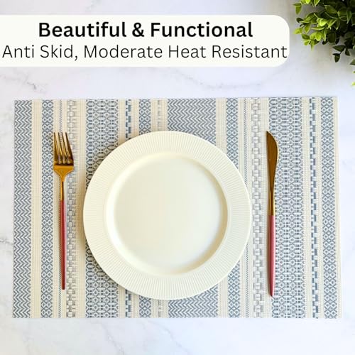 Image of Livmodern Premium Vinyl Dining Table placemats for 4 Seater | Woven PVC Table mats | Anti Skid | Designer | Wipeable & Washable Set of 4 mats - Sapphire Weave