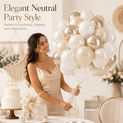 Image of Beige White Pearl Balloons, 50PCS Nude Metallic Champagne Gold Cream White Double Stuffed Balloon Neutral Ballons for Birthday Boho Wedding Anniversary Engagement Party Decoration