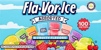 Fla-Vor-Ice Popsicle Variety Pack of 1.5 Oz Freezer Bars, Assorted Flavors, Lemon-Lime, Berry Punch, Grape, Strawberry, Orange, and Tropical Punch 100 Count (Pack of 3)
