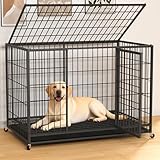HIWOKK 48 Inch Large Dog Crate, Escape Proof Dog Cage with Dual Door Lock and Swivel Casters,Removable Tray for Easy Cleaning, Dog Kennel Indoor Outdoor Use