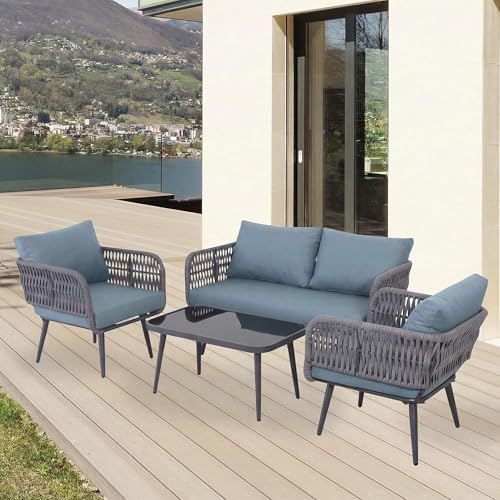 Image of OUTLIVING Outdoor Sofa Set || Balcony Sofa || Patio Furniture Sets | Conversation Sets | Braid & Rope Garden Seater Sofa Set and Center Table (4 Seater Grey-Blue)