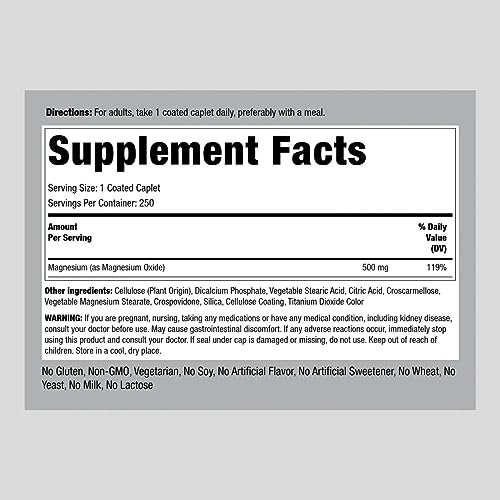 Magnesium Oxide 500 Mg | 250 Caplets | Magnesium Supplement | Vegetarian, Non-Gmo, Gluten Free | By Piping Rock #TOP1