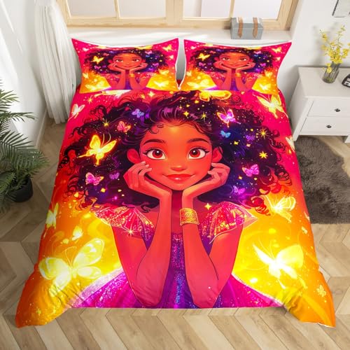 Black Girls Duvet Cover Glitter Butterfly Afro Girl Twin Bedding Sets for Girls,American African Princess Magical Comforter Cover for Toddler Kids Teenager,Kawaii Room Decor