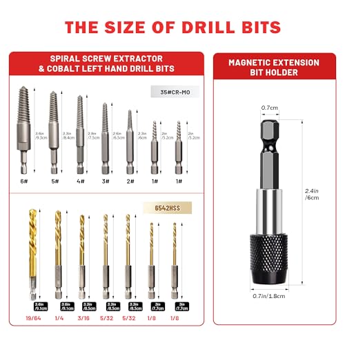 UYECOVE 15 Pieces Screw Extractor Set 6542/4341 HSS Cobalt Left Hand Drill Bit Broken Screw Extractor Kit with 1/4'' Adaptor, Stripped Screw Extractor Set Ez Out Removing Screws Bolts Nuts