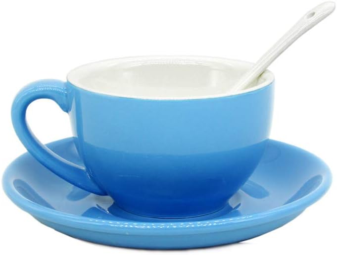 Porcelain Cappuccino Cups with Saucers, Porcelain Espresso Cups with Saucers, Coffee Drinks, Latte, Cafe Mocha and Tea (Blue)