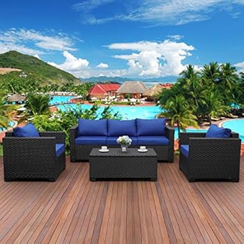 Alternative view of 4 Pieces Patio PE Wicker Furniture Set Resin Rattan Outdoor Conversation Sofa Sets Sectional Couch with Table and Royal Blue Cushions
