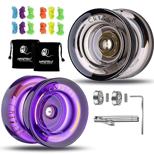 Image of MAGICYOYO Yoyo K2 Crystal Pack of 2 Yoyos, Dual Function Responsive Yo Yo for Kids Beginner + Unresponsive Yo-yo Bearing Kit for Adults+12 Strings+2 Bags( Crystal Black+Purple)