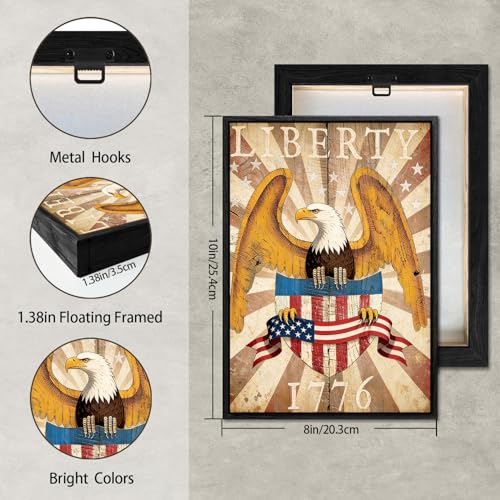 Image of American Flag Framed Canvas Wall Art, 4th of July Red White Blue Canvas Prints, USA Flag with Bald Eagle Patriotic Decorations, Vintage Independence Day Wall Decor for Bedroom Living Room 8x10
