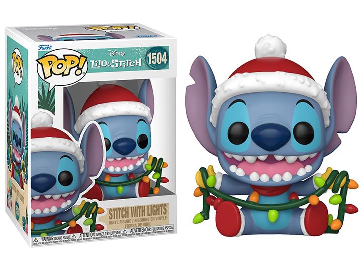 Funko Holiday Stitch + Pop Protector: Lilo & Stitch Pop! Figura de vinilo de Disney (juego de regalo incluido con caja protectora de la marca ToyBop) (puntada con cadena de luces de colores y sombrero