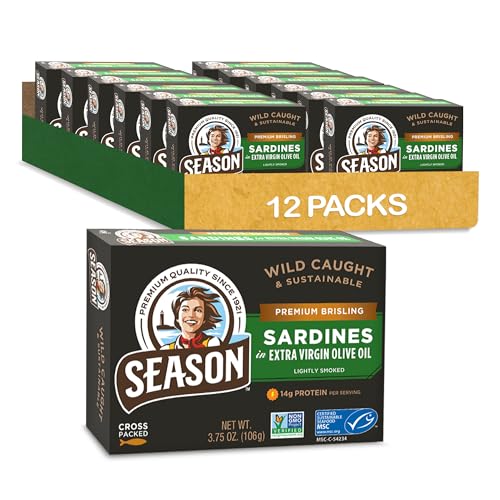 Season Brisling Sardines in Extra Virgin Olive Oil - Wild Caught, 13g of Protein, Keto Snacks, More Omega 3's Than Tuna, High in Calcium, Canned Sardines, Cross Packed - 3.75 Oz Tins, 12-Pack