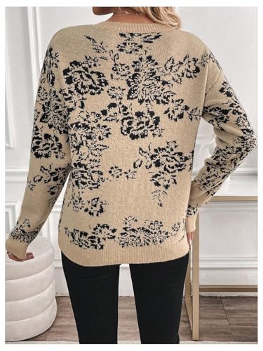 Women's Floral Print V Neck Pullover Tops Drop Shoulder Long Sleeve Knit Sweater2