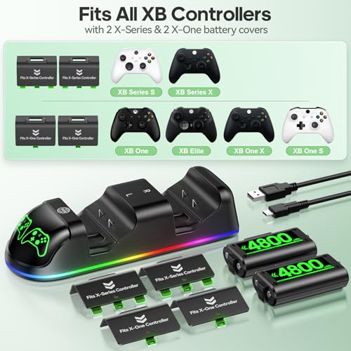 Image of Controller Charger Station with 2x4800mWh Rechargeable Battery Packs Compatible with Xbox One /Elite /Series X|S, Controller Charging Dock, XB Gaming Accessories with 9 RGB Modes and 4 Battery Covers