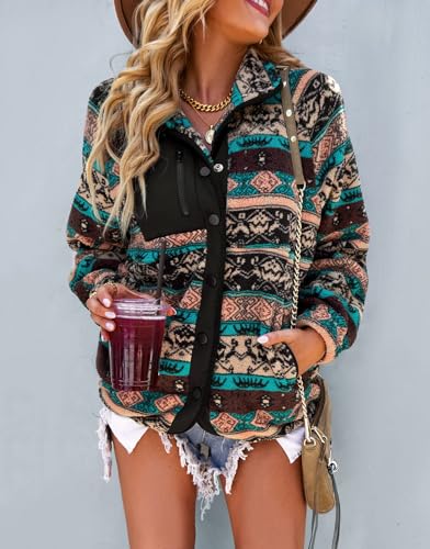 Women's Fall Warm Fleece Aztec Tribal Print Fuzzy Button Down Jacket Lightweight Fluffy Coat2